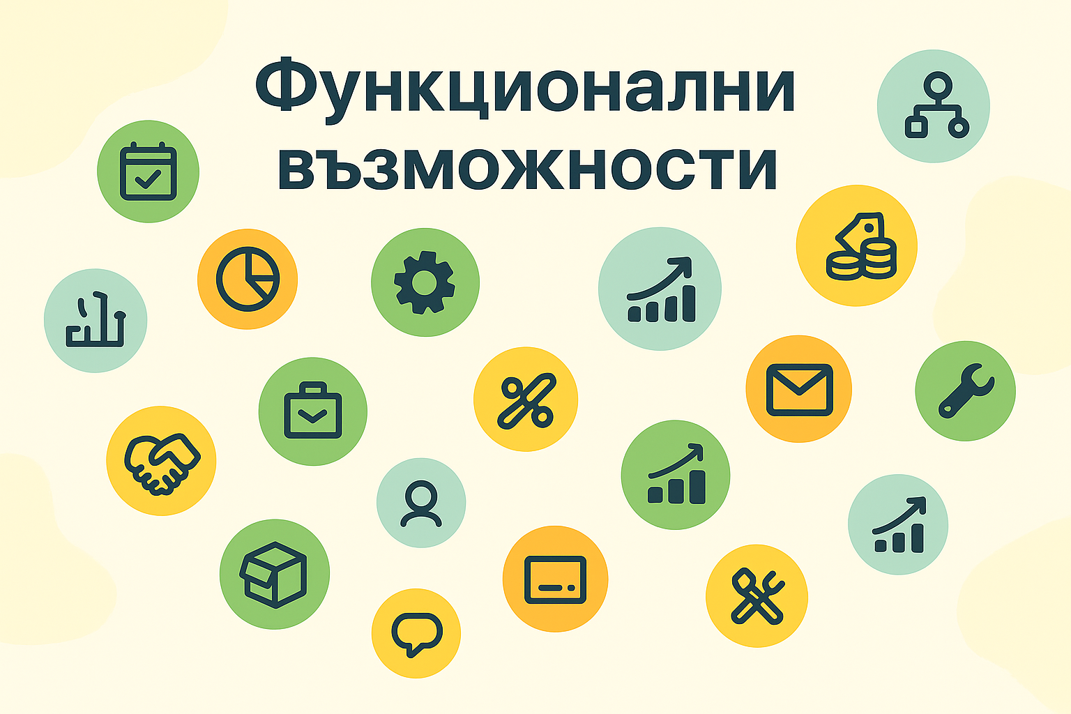 Снабдяване и доставки на стоки и материали, Ценообразуване, Продажби, Бизнес процеси, Рекламации, Производство, Логистика, Материални запаси и наличности, Анализ на дейността и счетоводство, Парични средства, Дълготрайни активи, Администриране, Справки и отчети, B2B функционалност